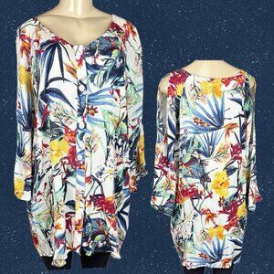 Roaman's + 18W Multicolor Floral Button Down Cold Shoulder 3/4 Sleeve Shirt
